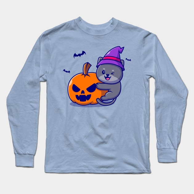 Cute Witch Cat Hug Pumpkin Halloween Cartoon Long Sleeve T-Shirt by Catalyst Labs